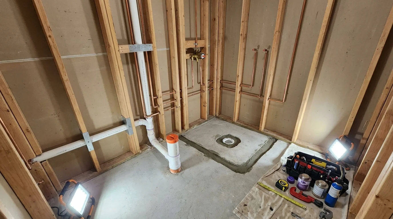 Bathroom rough-in plumbing during remodel by Johns Plumbing LLC in Booneville