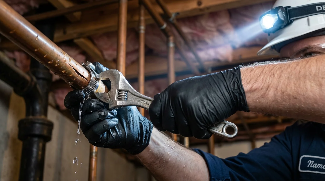 Emergency pipe clamp repair being performed by a Johns Plumbing LLC plumber in Booneville