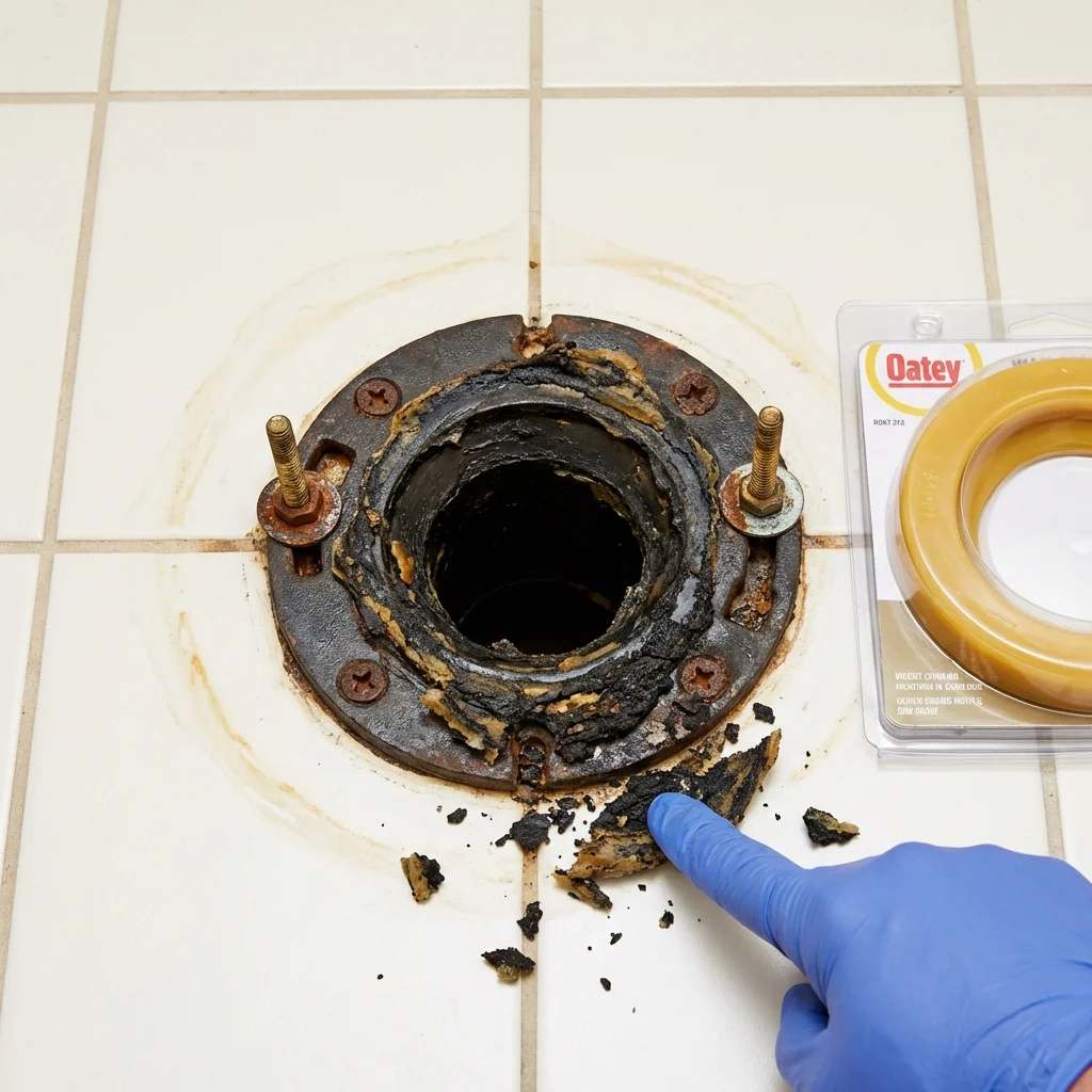 Failed wax ring showing water seepage at the base of a toilet in a Booneville, AR home