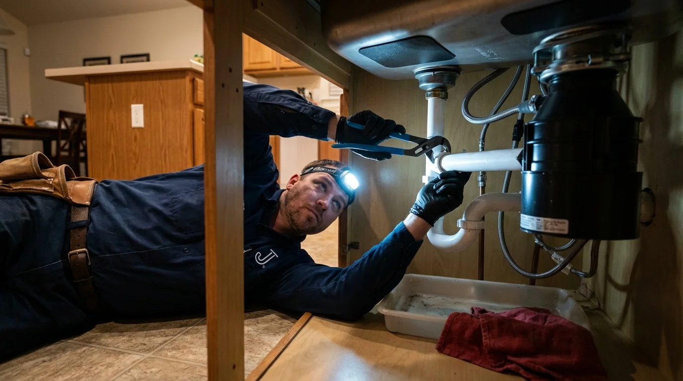 P-trap and supply line connections under a kitchen sink showing a common leak point in Booneville, AR